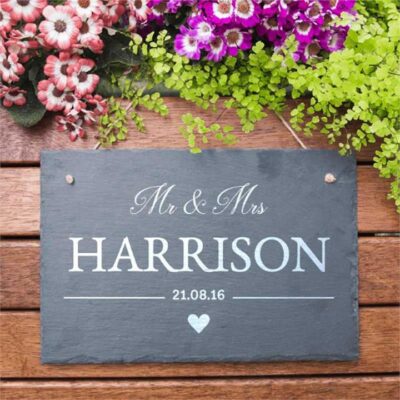 Mr & Mrs Wedding Heart Personalised Slate Sign